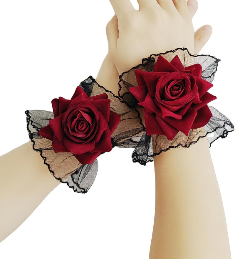 BASEMMAHER Gothic Rose Lace Gloves Hand Sleeve Black Lace Elastic Bracelet Wine Red Flower Wrist Cuff Dress Accessories for Women Girls Wedding Halloween Prom Masquerade Party Clothing 1 Pair - Image 1
